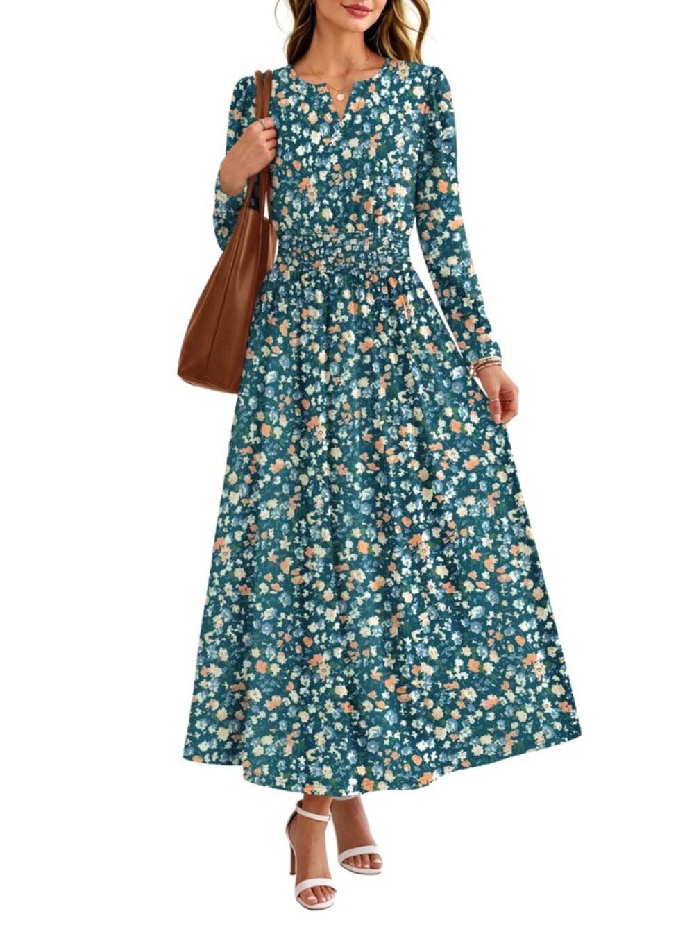2026 Womens Fall Boho Floral Long Sleeve Maxi Dresses with Pockets